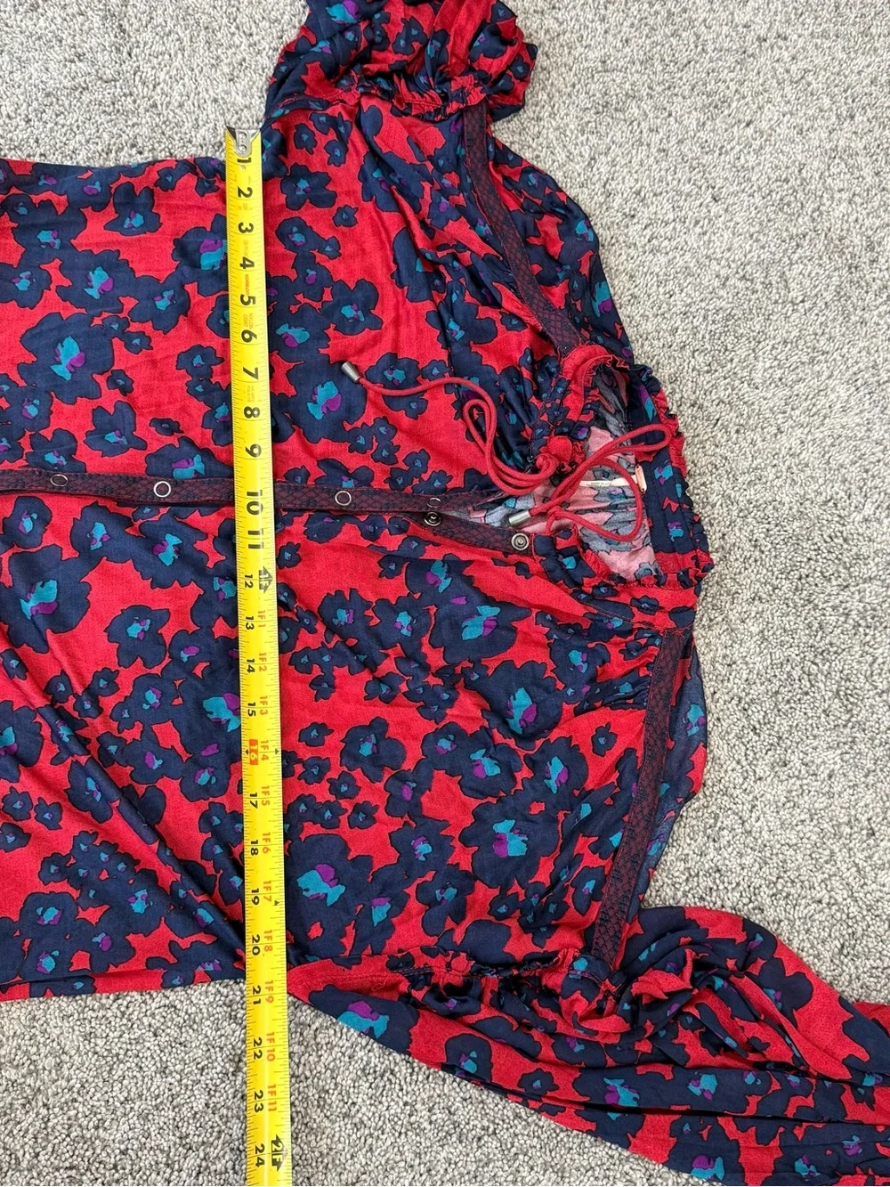 Free People Red Floral Print Button Front Mini Dress Boho Beach Oversize Size XS